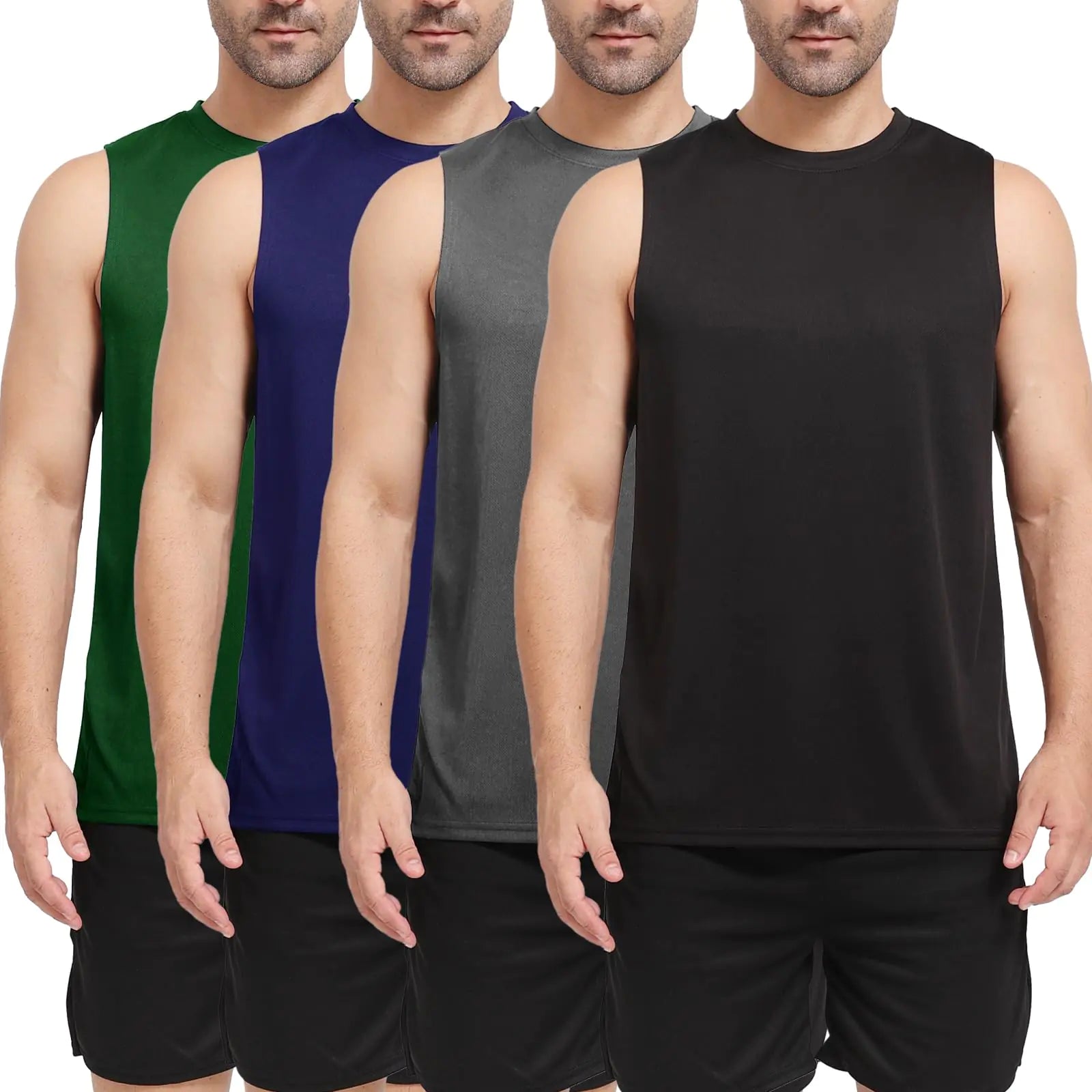 JOINGO Mens Workout Tank Top 3/4 Pack Quick Dry Fit Muscle Sleeveless Breathable T-Shirt for Gym Bodybuilding(Black/Grey/Blue/Green)