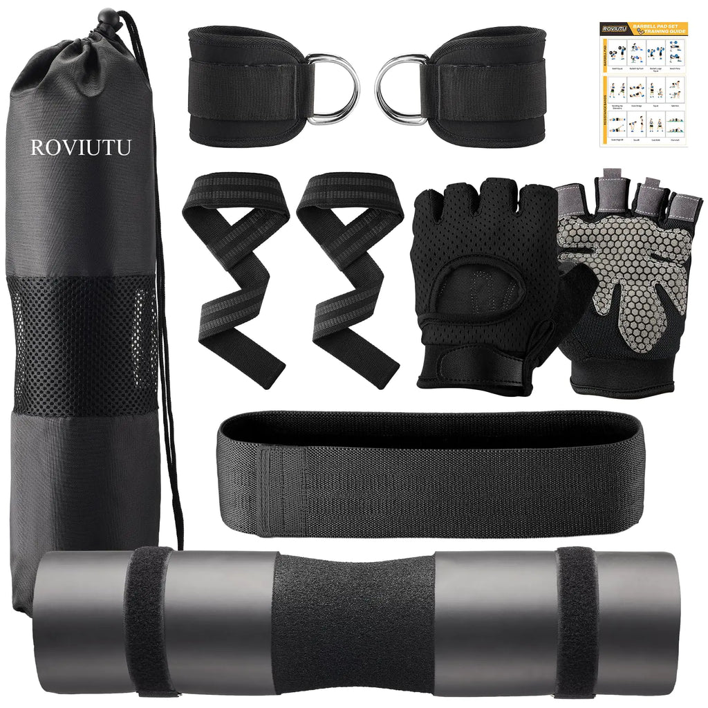 Barbell Pad Set10 Pcs Barbell pads For Hip Thrust Squat & Lunges SupportWith 2 Workout Ankle Straps 2 Workout Gloves 2 Gym Straps Weight Lifting Resistance BandsOlympic Bar PadCarry Bag (Black Large-Gloves)