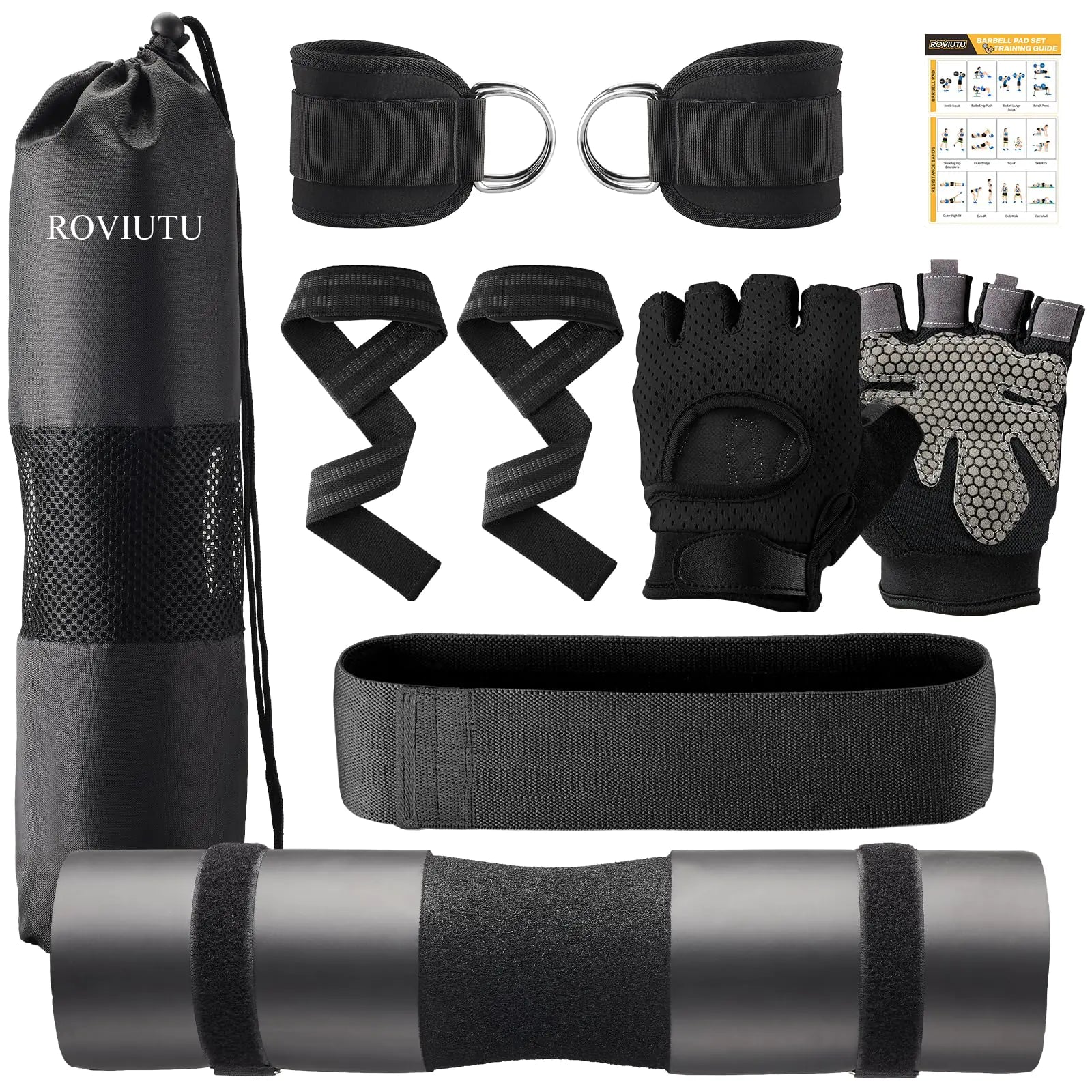 Barbell Pad Set10 Pcs Barbell pads For Hip Thrust Squat & Lunges SupportWith 2 Workout Ankle Straps 2 Workout Gloves 2 Gym Straps Weight Lifting Resistance BandsOlympic Bar PadCarry Bag (Black Large-Gloves)